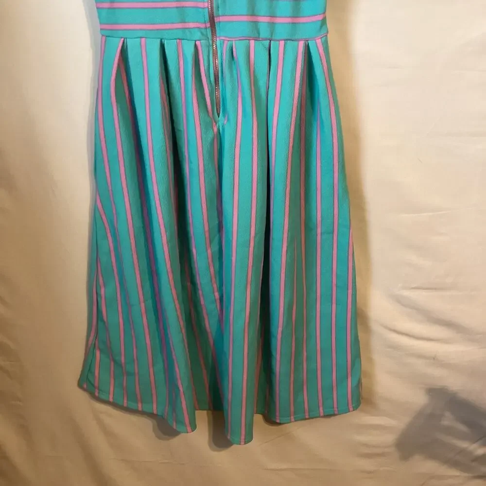 1134 LuLaRoe Amelia Short Sleeve Dress With Aqua & Pink Stripes Size Extra Small